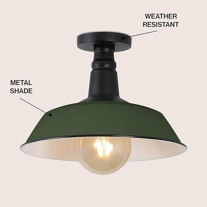 JONATHAN Y 14" Matte Olive Green/Black Industrial LED Semi Flush Mount Ceiling Light for Porch, Kitchen, Entryway, Modern Farmhouse Iron Fixture, White Metal Shade, LED Bulb Included (JYL7617I)
