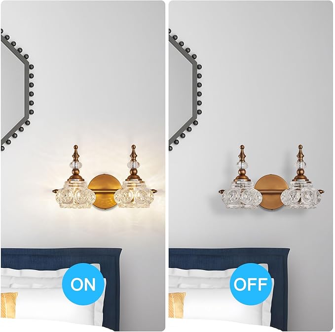 Bathroom Vanity Light Fixtures, 2-Light Vintage Crystal Bathroom Lighting, Matte Brushed Antique Brass Finish, Vintage Wall Sconce Light with Crystal Glass Shade