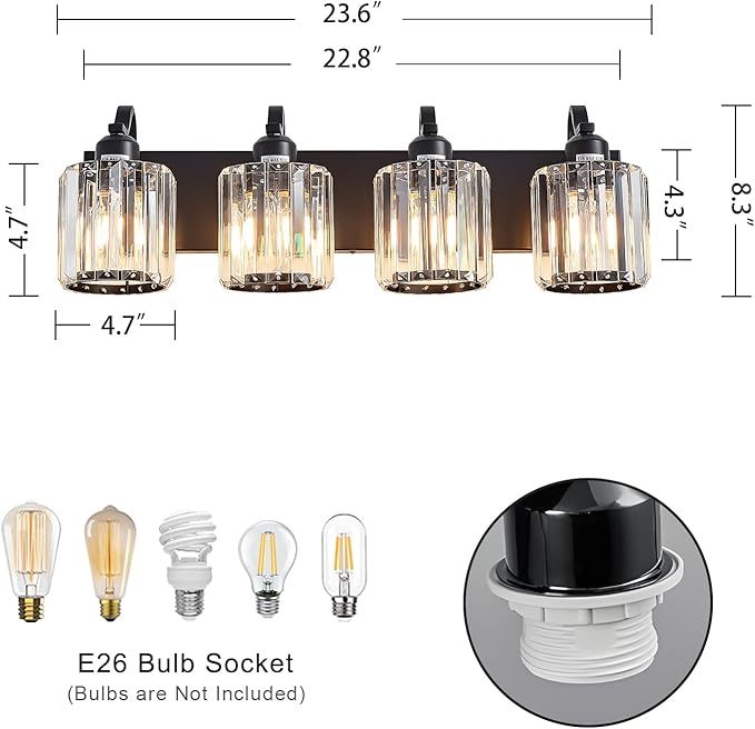 Black 4 Light Fixtures Bathroom Vanity Light Crystal Modern Vanity Over Mirror for Bathroom with Crystal Round Shade (Exclude Bulb)