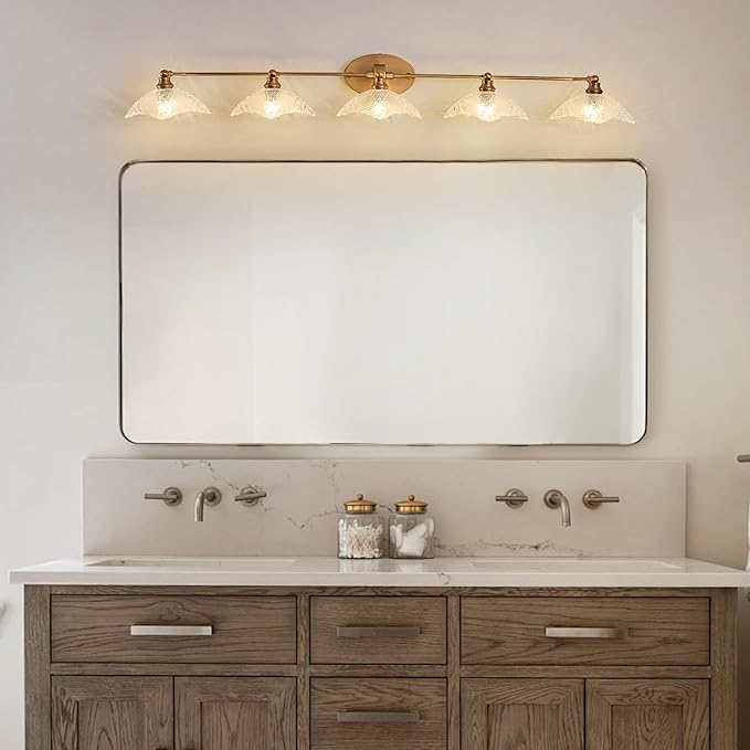 58.65-inch Bathroom Vanity Light, 5-Light Brass Vanity Light, European Classic Luxury Bathroom Mirror Light, E12 Sockets