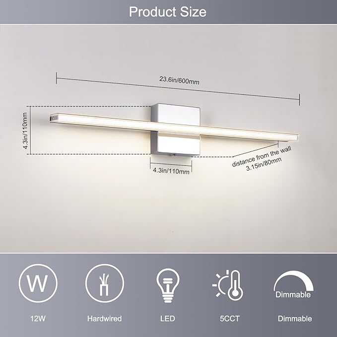 Chrome Vanity Lights for Bathroom 5CCT Dimmable Bathroom Lighting Fixtures Over Mirror Adjustable Lighting Angle Wall Light Fixtures 23.6 inch Long 18W LED Bar Light
