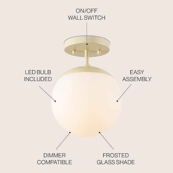 JONATHAN Y 7.75" Beige/White Modern Semi Flush Mount Ceiling Light, LED Fixture for Entryway, White Frosted Glass Globe Shade, Mid-Century Farmhouse Lighting for Bedroom Hallway (JYL7499B)