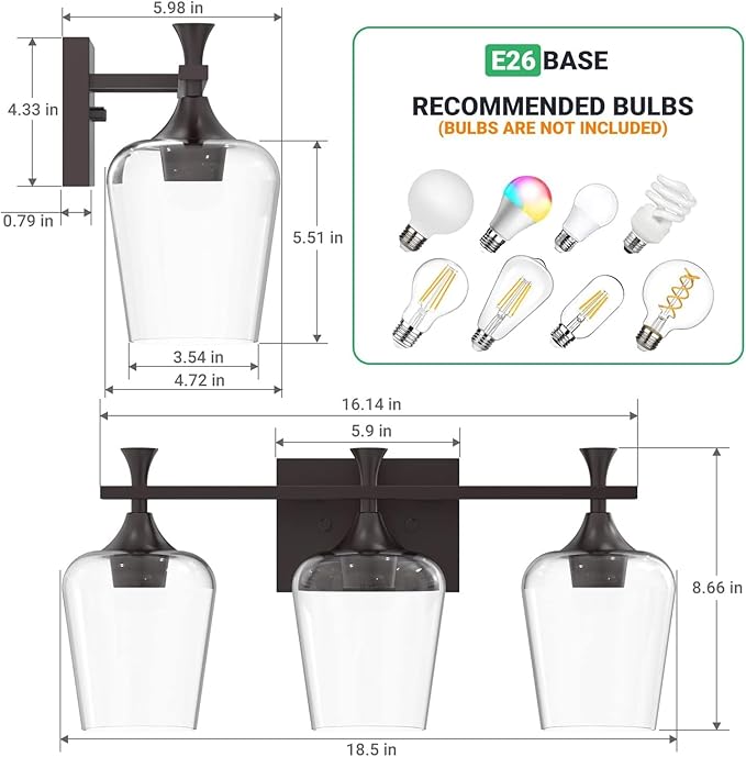 3 Light Bathroom Vanity Light - Black Bathroom Lighting Fixtures Over Mirror, Modern Wall Sconces with Transparent Glass Lampshade for Bedroom Living Room Kitchen Cabinet Stair Hallway