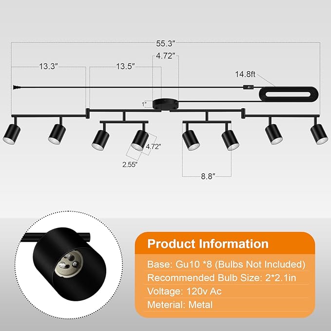 Plug in Track Lighting, LED Track Lighting Fixtures Ceiling, Black 8-Light Kitchen Light Kit, Plug in Wall Light with 14.8ft Power Cord, Rotatable Ceiling Spotlight for Bedroom(GU10 Socket, NO Bulb)