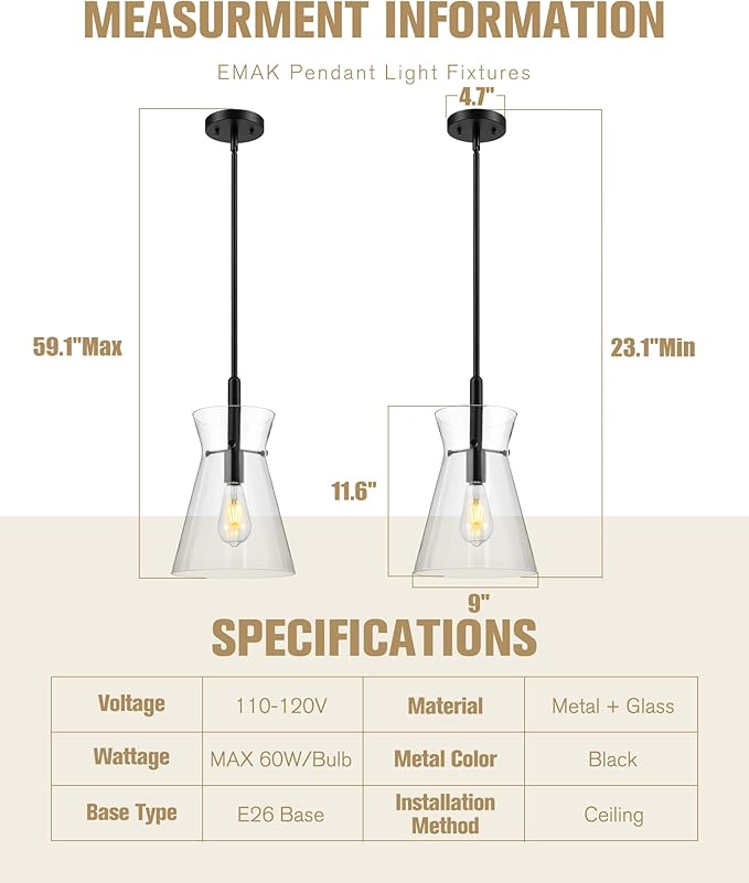 Emak Black Pendant Lights Kitchen Island, Modern 9 Inch Large Clear Glass Pendant Light, Farmhouse Hanging Lights for Kitchen, Dining Room, PL130-BK-CG