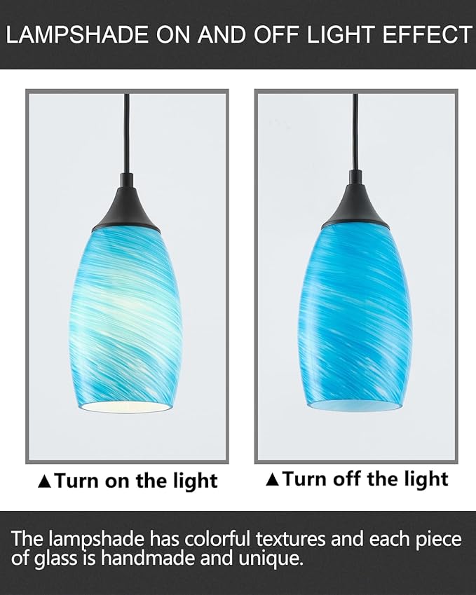 ANYLOVE Vintage Art Lake Blue Stripe Pendant Lighting,1-Pack Hand Glass Hanging Light Fixture,Adjustable Cord for Kitchen,Hallway,Dining Room