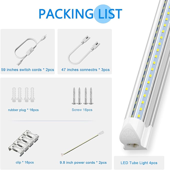 SHOPLED LED Shop Light 8FT, 100W 5000K Daylight White, 15000LM Clear Cover, V Shape, T8 LED Tube Light Fixture, High Output, 8 Foot for Garage, Workshop, 4 Pack