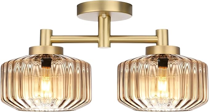 Semi-Flush Mount Ceiling Light Fixture, 2-Light Vintage Chandelier with Amber Glass Shades and Gold Frame, Mid-Century Modern Ceiling Lamp for Kitchen Island, Dining Room, Bedroom