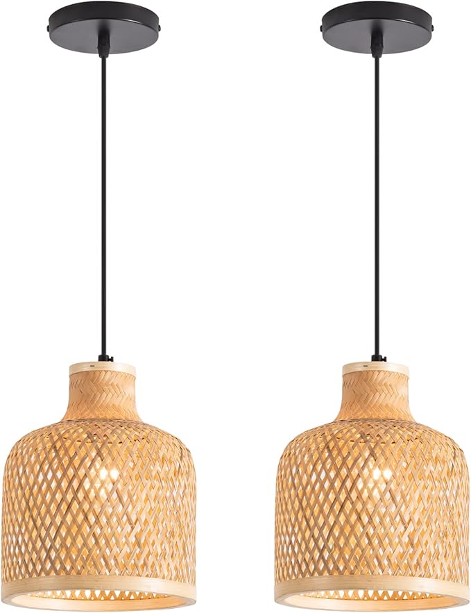Modern Bamboo Woven Pendant Light, 2 Pack 7.8" Dome Coastal Bamboo Wicker Dome Pendant Lighting Fixture for Kitchen Dining Room Living Room Foyer