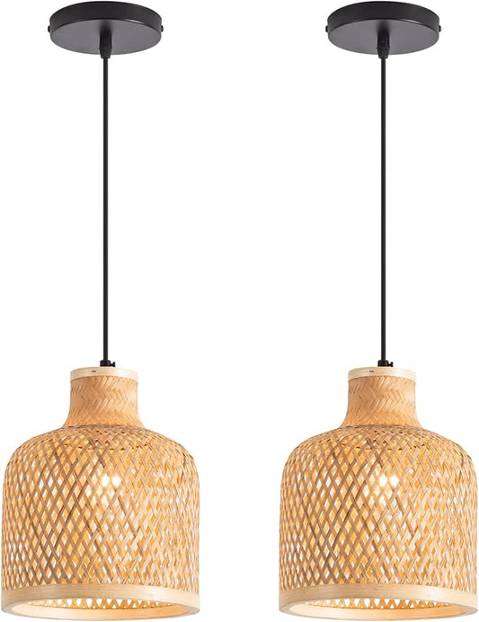 Modern Bamboo Woven Pendant Light, 2 Pack 7.8" Dome Coastal Bamboo Wicker Dome Pendant Lighting Fixture for Kitchen Dining Room Living Room Foyer