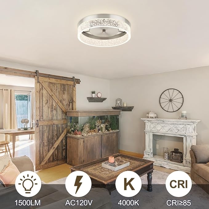 LED Flush Mount Ceiling Light Fixture, 12In Crystal Chandelier with Clear Bubble Acrylic, Modern Ceiling Lighting for Dining Room, Bedroom, Living Room, Kitchen, Brushed Nickel, 4000K Dimmable