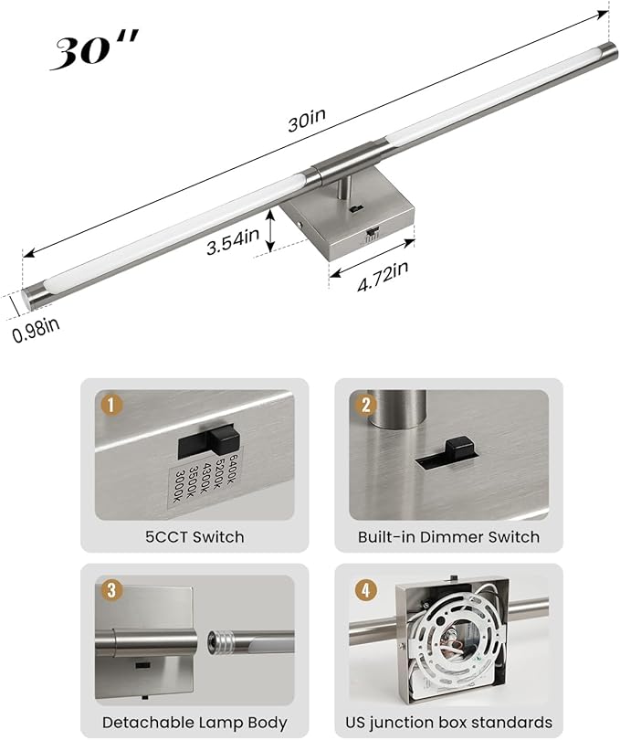 Brushed Nickel Vanity Light Fixtures for Bathroom Over Mirror 30 inch LED Bath Sconces IP44 5CCT Adjustable Morden Picture Lights for Paintings (Built-in Dimmer)