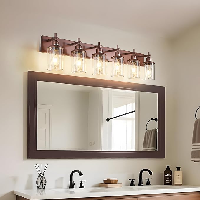 Lanhall 6-Light Bronze Bathroom Light Fixtures Over Mirror,Modern Bathroom Vanity Light with Clear Glass Shade, Wall Sconce for Bathroom Hallway Cabinet Bedroom Kitchen Living Room Foyer E26 Base