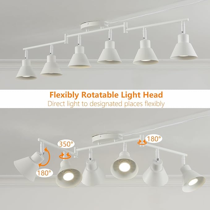 6 Light Plug in Track Lighting Kit,Modern Plug in Ceiling Light Fixture,16.4ft Cord,6 Way Ceiling Spot Lighting,Flexibly Rotatable Light Head (White)