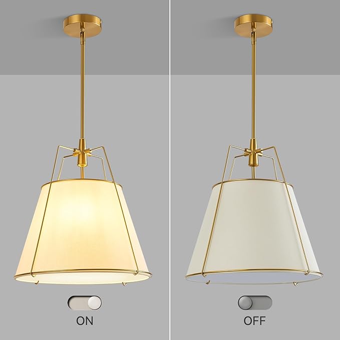 Modern Pendant Light Fixtures with 16" Off-White Linen Fabric Shade, Adjustable Hanging Light Fixture,3-Light Drum Gold Vintage Chandelier for Kitchen Island Bedroom Dining Room Foyer