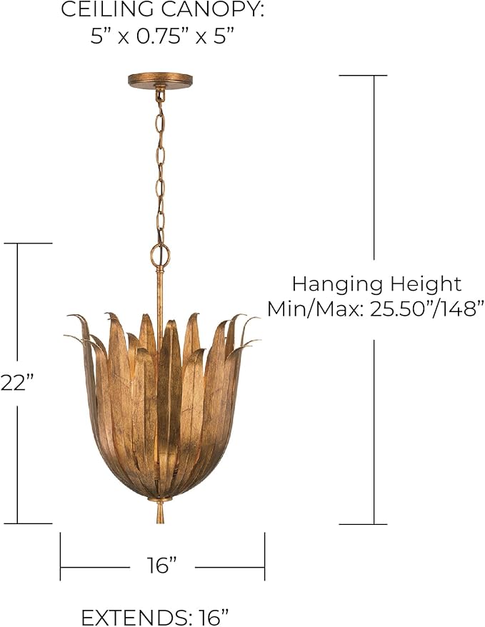 Capital Lighting 349542AG Eden Traditional Bohemian Botanically Inspired Pendant Ceiling Light Fixture, 4-Light 240 Total Watts, 22"H x 16"W, Antique Gold