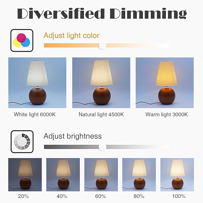 Vintage Wooden Base Fabric Night Lamp, Adjustable Light Color and Brightness with Power-Off Memory, Safe USB Powered, Retro LED Table Light for Bedroom Living Room Office (Flax Yellow)