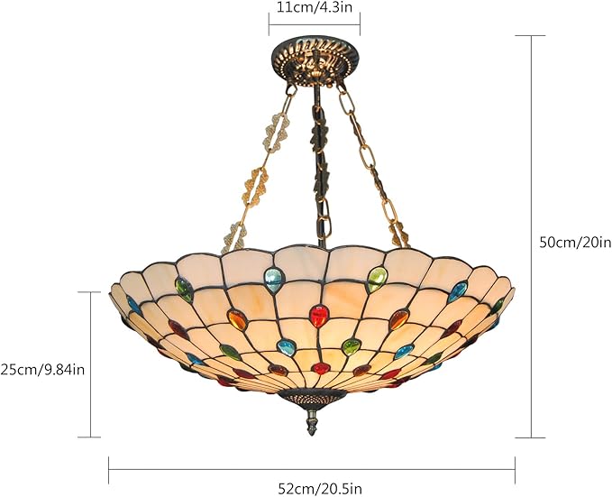 TFCFL 20.5Inch Tiffany Ceiling Light Fixtures Semi Flush Mount Stained Glass Peacock Green Inverted Tiffany Pendant Light for Kitchen Living Room Bedroom Dinning Room