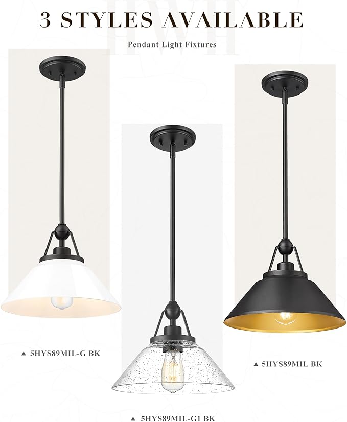 Black Pendant Light, HWH Hanging Light Fixtures for Dining Room, Bedroom, Glass Pendant Light for Kitchen Island with Seeded Glass, 5HYS89MIL-G1 BK