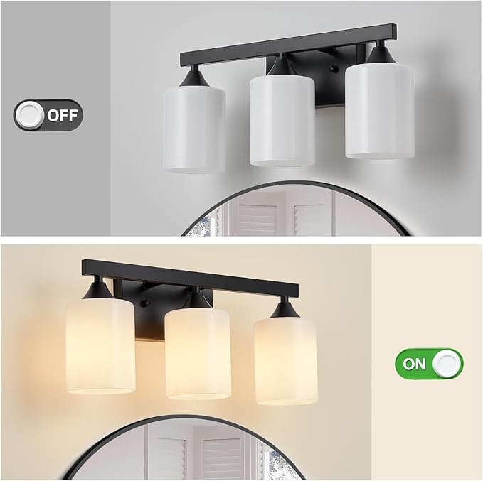 ZHU YAN Black Bathroom Vanity Lights,3-Light Bathroom Light Fixtures Over Mirror with White Frosted Glass Shades,Wall Lamp Vanity Lights for Mirror Living Room Bedroom E26 Socket