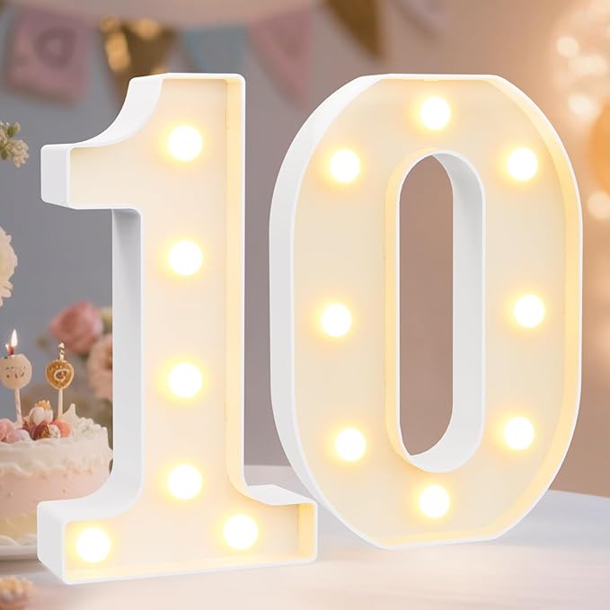 Pooqla Decorative Led Light Up Number Letters, White Plastic Marquee Number Lights Sign for 10th Birthday Party Wedding Decor Battery Operated Number (10)