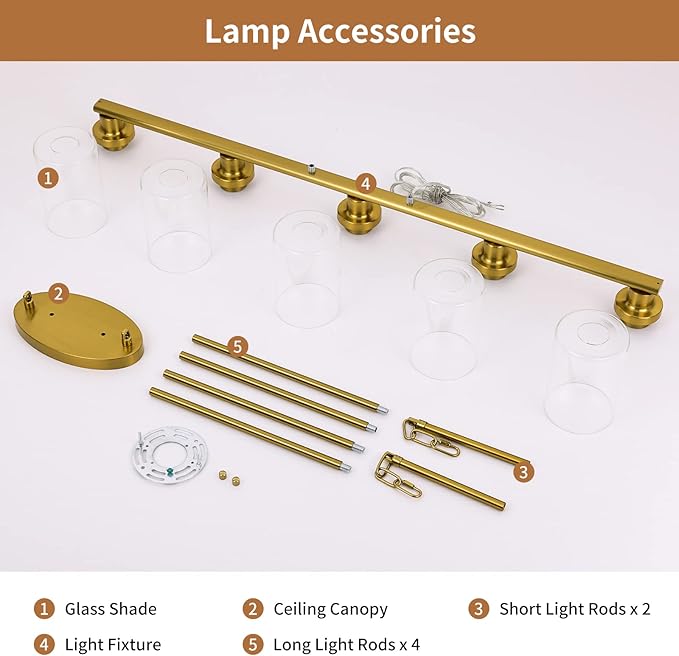 Kitchen Island Lighting, 5-Light Modern Dining Room Light Fixtures Over Table,Farmhouse Gold Linear Chandeliers for Dining Room, Industrial Pendant Lights Fixture with Clear Glass Shade