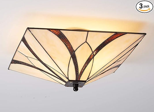 DIRYZON EUL Tiffany Style Mission Semi Flush Ceiling Light Antique Brass and Art Colorful Glass Shade 3 Lights