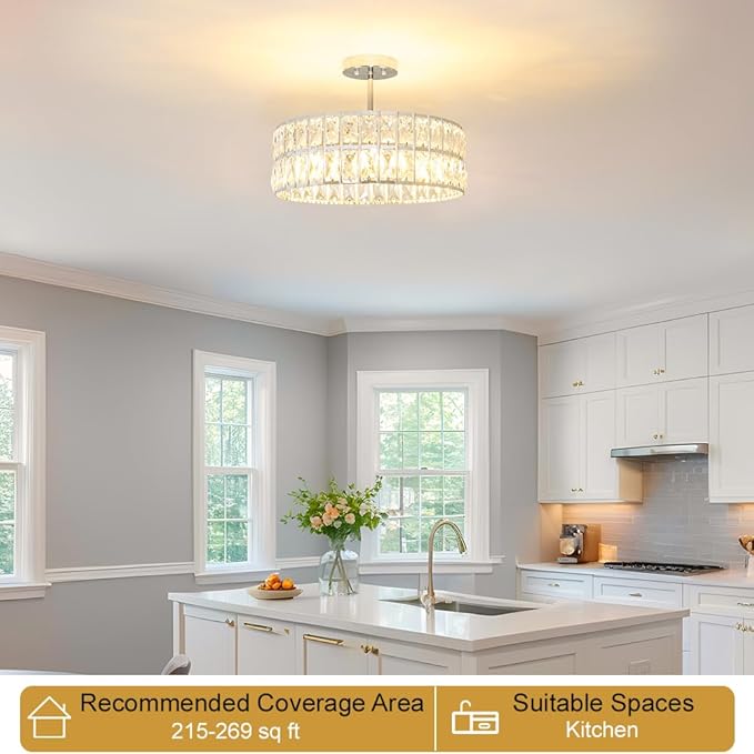 Crystal Ceiling Light Fixture, Modern Chrome Ceiling Light Chandelier, Semi Flush Mount Chandelier Lighting Fixture for Kitchen Entryway Living Room Dining Room, 5-Light, 16 Inch