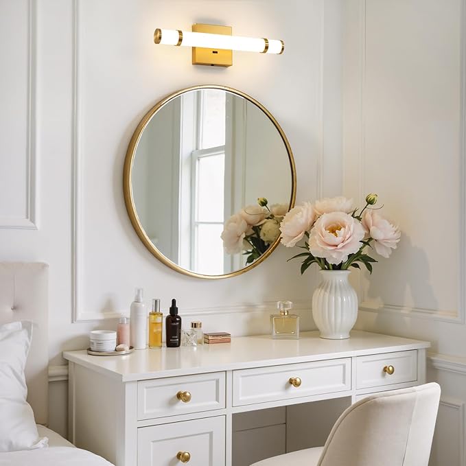 Gold Bathroom Vanity Light - 15.4 Inch LED Modern Bathroom Light Fixtures Over Mirror with Acrylic Shade 10W Dimmable 5CCT Bathroom Sconces Wall Lighting (Built-in Dimmer)