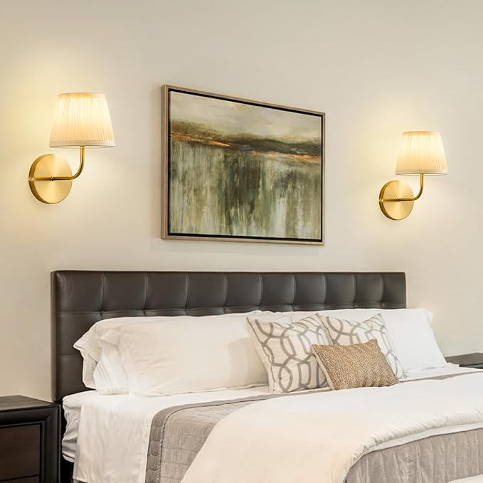 Rechargeable Wall Sconces Set of 2 - 5200mAh Cordless Battery Operated Wall Sconce - Fabric Lamp Shade - Gold Brass LED Light Fixture with Remote for Bedroom Bedside Living Room Stairway Hallway Porch