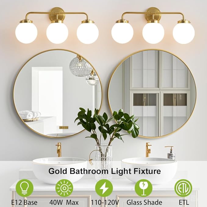 Gold Bathroom Vanity Light Fixtures Over Mirror, Modern Brass 3 Lights Wall Sconce with Milky Glass Ball Shade, Mid Century Farmhouse Vanity Lighting