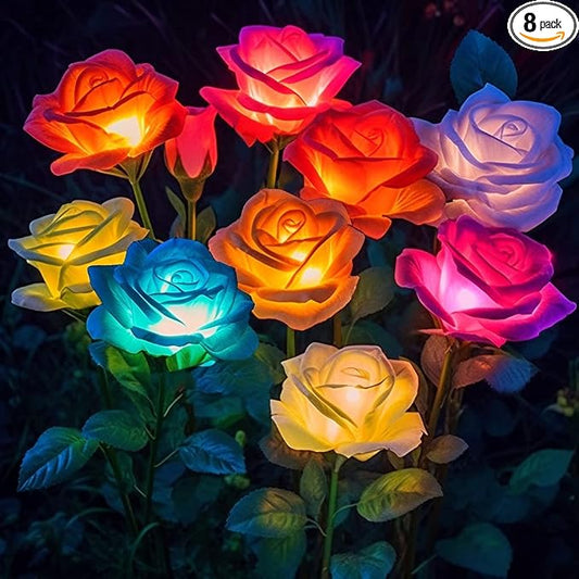 8 Pack Solar Flowers Lights Outdoor Waterproof for Garden Decor, Solar Garden Lights for Outside, Outdoor Solar Lights for Yard with Solar Rose Lights, Yard Decorations