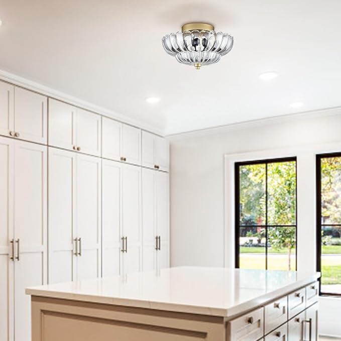 HYDELITE Gold Ceiling Light Fixture Bedroom Semi Flush Mount Ceiling Light Fixtures for Entryway Bathroom Living Room Proch with Scalloped Clear Glass