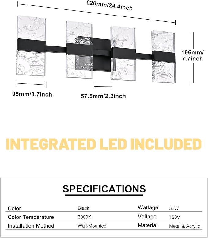 Black LED 3000K Bathroom Light Fixture, Modern 4-Lights Vanity Lighting with Smoke Acrylic Shades, Wall Lamp Over Mirror for Kitchen Bedroom Dress Table (Integrated Led Chips Included)