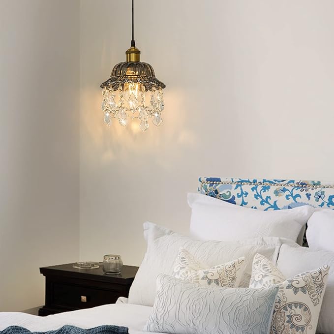 Hanging Light Grey Glass Swag Light with 14.7 Ft Plug-in Cord and On/Off Dimmer Switch, Modern Crystal Chandelier Plug in Pendant Light for Bedroom Kitchen Sink, 9.84 inches, 1-Pack