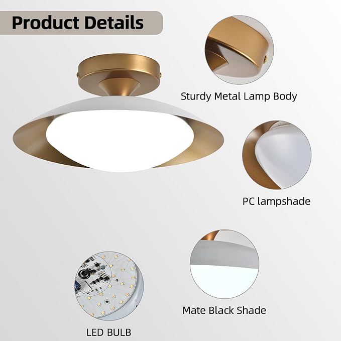 Dimmable Metal LED Flush Mount Ceiling Light, 5CCT 2700K-6000K White and Gold Close to Ceiling Lighting Fixtures, Mid Century Ceiling Lamp for Bedroom, Kitchen, Hallway, Laundry Room (11.8in)