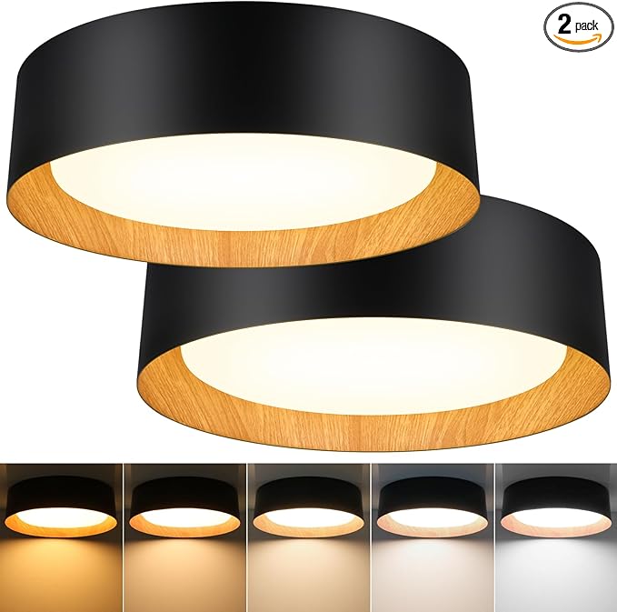BrightHome 2-Pack Flush Mount Ceiling Light, 13in 2600LM 25W(300W Equiv), LED Ceiling Light Fixture 5CCT 2700K 3000K 4000K 5000K 6000K, Dimmable Ceiling Lamp for Bathroom Hallway, Black and Wood