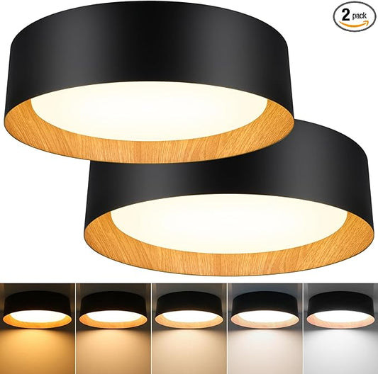 BrightHome 2-Pack Flush Mount Ceiling Light, 13in 2600LM 25W(300W Equiv), LED Ceiling Light Fixture 5CCT 2700K 3000K 4000K 5000K 6000K, Dimmable Ceiling Lamp for Bathroom Hallway, Black and Wood