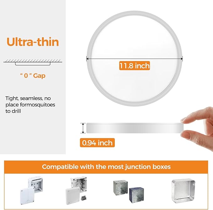 1PACK LED Flush Mount Ceiling Light Fixture, 3000K-4000K-6500K & 100W Equivalent Modern Kitchen Ceiling Lamp 24W 3200Lm 12 Inch Closet Round Surface for Bathroom Laundry Bedroom Hallway