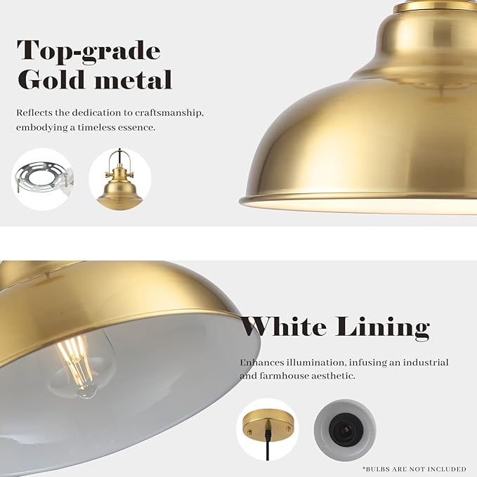 Gold Pendant Lights, 11.41 Inch Gold Pendant Light Kitchen Island, Dome Pendant Lights 2 Pack, Farmhouse Kitchen Pendant Light for Kitchen Island, Dining Room, Living Room