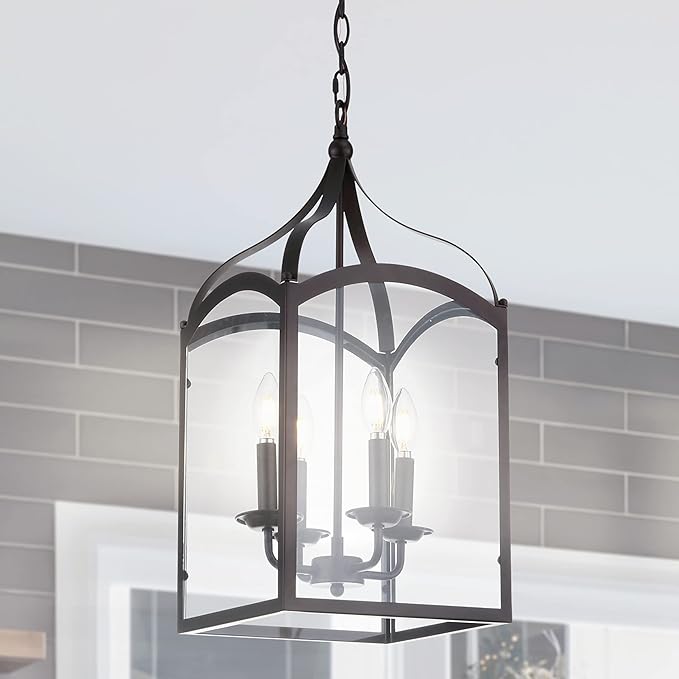 JONATHAN Y 11" Oil Rubbed Bronze 4-Light Traditional Lantern Pendant Light, Metal and Clear Glass Shade, Classic Chandelier for Foyer, Kitchen Island, LED Bulbs Included JYL7403A