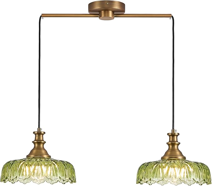HDDFL Vintage Pendant Lighting Fixtures Modern Glass Hanging Lamp with Adjustable Cord for Kitchen Island Dining Room Hallway 2 Light Brass and Green