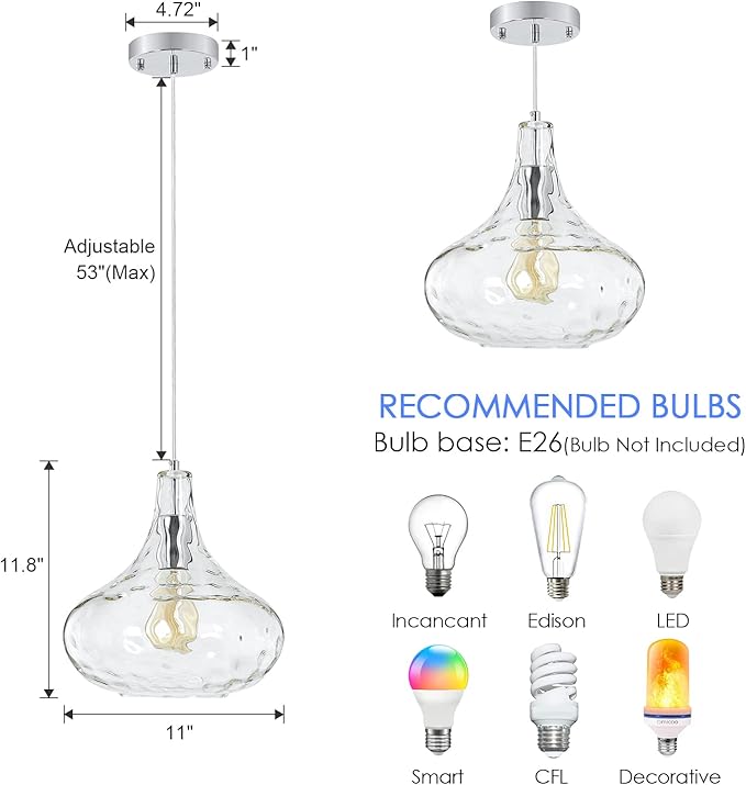 Farmhouse Vintage Glass Pendant Light with Handblown Hammered Shade - Adjustable Hanging Cord for Kitchen Island, Dining Room, Hallway - 11 Inch Chrome Ceiling Fixture
