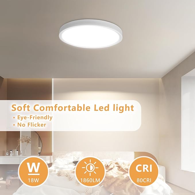 6PK 9 Inch LED Flush Mount Ceiling Light, 18W, 1860LM, 3000K/4000K/6000K CCT Selectable Super Slim LED Ceiling Light, Close to Ceiling Round Flat Panel Light for Hallway, Bedroom,Kitchen ect