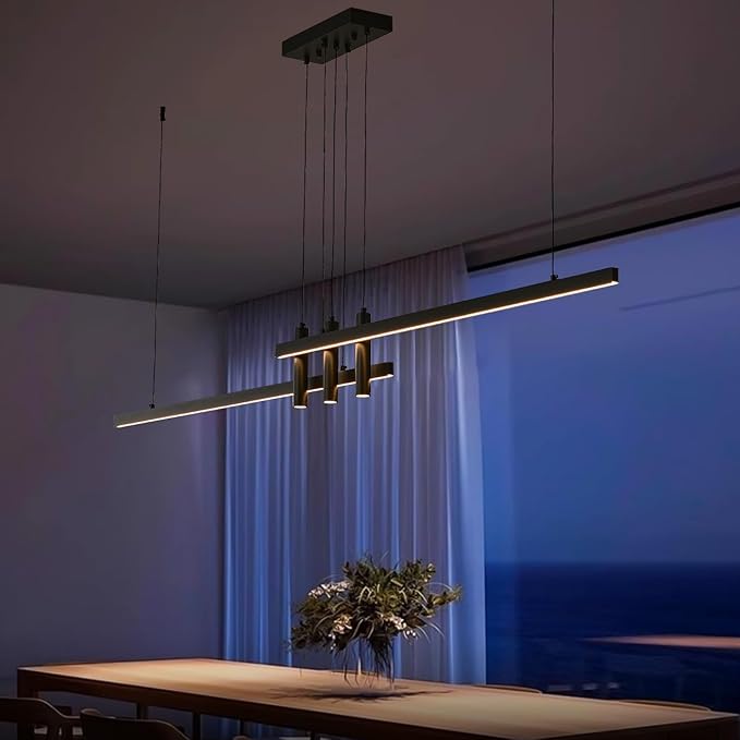 Modern Black Linear Pendant Lights Kitchen Island Lighting Minimalist Led Chandeliers Pool Table Light Dimmable Ceiling Hanging Light Fixture Dining Room with Remote Control (59in)