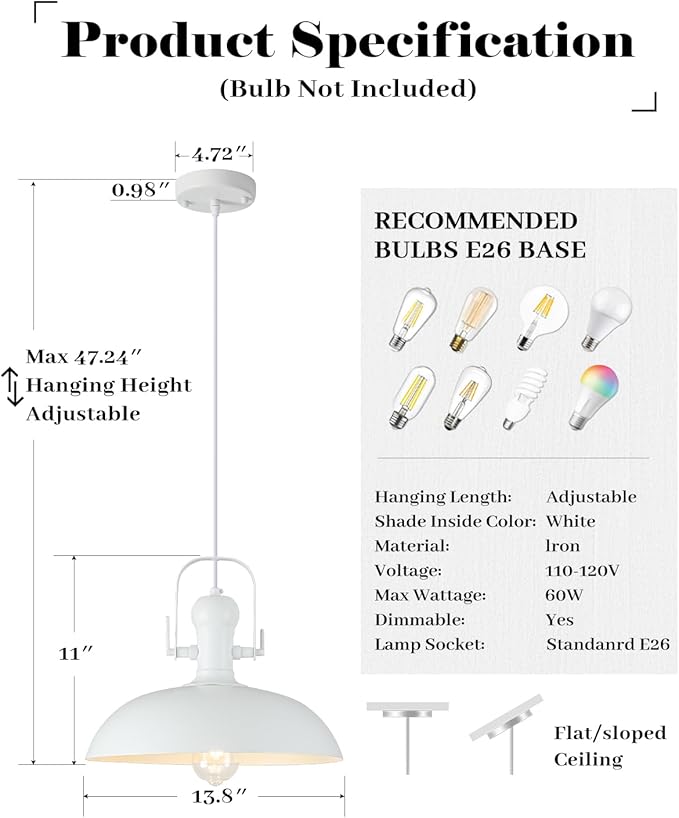 White Pendant Lights Kitchen Island 2 Pack, 13.8 Inch Dome Pendant Light, White Farmhouse Pendant Light, Industrial Pendant Lights for Kitchen Barn Hallway Porch Dining Room