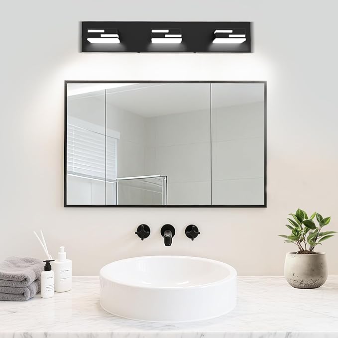 LED Modern Bathroom Vanity Light Fixtures, 3-Light 22-inch Dimmable Matte Black Vanity Lights for Bathroom Lighting Fixtures Over Mirror, with 360° Rotatable Acrylic Heads (Cool White 6000K)