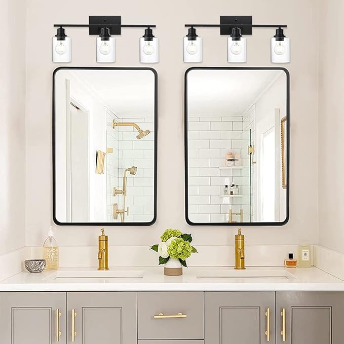 VINLUZ Matte Black Vanity Light for Bathroom 3 Light Farmhouse Indoor Bathroom Lighting Fixtures Over Mirror with Clear Glass Shade for Dressing Table