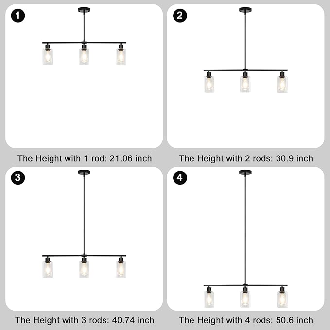 Kitchen Island Lighting, 3-Light Black Island Lights for Dining Room Light Fixture Over Table, Modern Linear Chandelier with Clear Glass Shade, 31" Farmhouse Hanging Pendant Light Fixtures for Kitchen