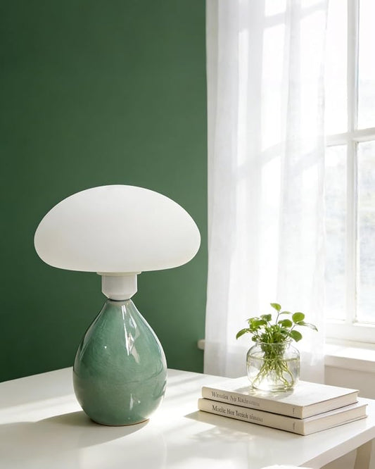 Lightdot Mushroom Table Lamp, Mid Century Modern Lamp, Green Ceramic Base Bedside Lamp, Cute Desk Lamp with Bulb Included, Eye-Caring Night Light for Bedroom Kids Room Living Room Office Home Reading